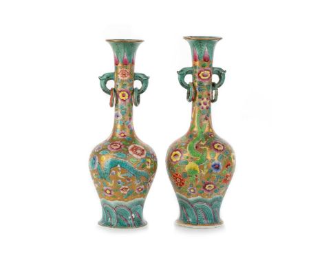 PAIR OF MILES MASON'S CHINOISERIE VASES, 19TH CENTURY each of baluster form with elongated trumpet neck and twin handles, dec