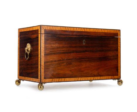 VICTORIAN ROSEWOOD TEA CADDY, 19TH CENTURY  of oblong form with twin lion mask to hoop handles, crossbanded in satin wood, ra