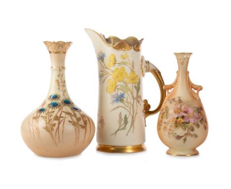 ROYAL WORCESTER,  BLUSH IVORY JUG, AND TWO BLUSH IVORY VASES, of cylindrical form, decorated with flowers, shape no. 1229, al