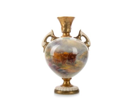 HARRY STINTON FOR ROYAL WORCESTER, TWIN HANDLED VASE, CIRCA 1919 hand painted with highland cattle in naturalistic settings, 