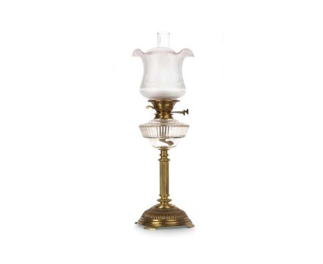 VICTORIAN MESSENGER'S PATENT OIL LAMP, 19TH CENTURY with clear glass chimney, the frosted glass shade with floral decoration,