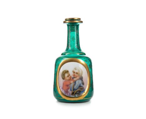 BOHEMIAN TEAL GLASS DECANTER, LATE 19TH CENTURY  with stopper, of mallet form, with central hand-painted half-length portrait