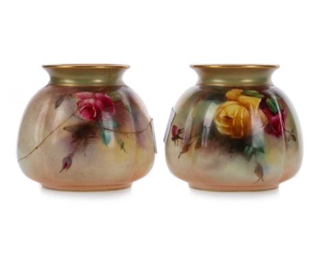 PAIR OF ROYAL WORCESTER VASES, painted with flowers and leaves, impressed marks to bases7.5cm high