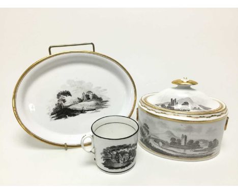 COLLECTION OF EARLY ENGLISH PORCELAIN, 18TH/19TH CENTURY  comprising jugs, cups, plates and two sucriers, decorated with land