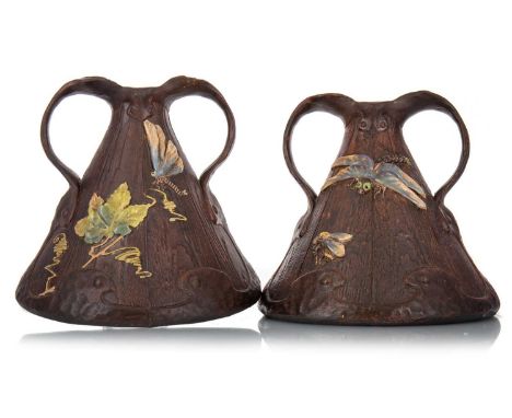 BRETBY ART POTTERY, PAIR OF 'LIGNA' WARE VASES, CIRCA 1900 the stylised twin-handles and base in simulated 'hammered' bronze,