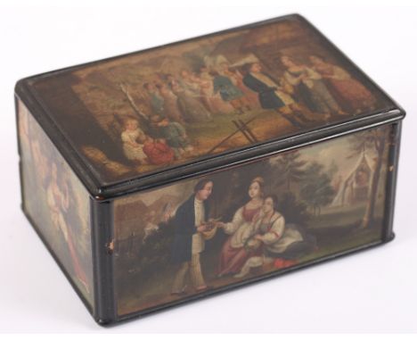 A mid 19th century Russian Fedoskino? lacquer snuff box with rural scenes and Imperial crest to interior, 3 1/2" wide x 1 5/8