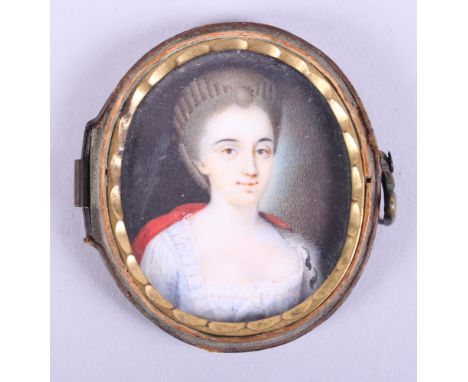 A mid 18th century portrait miniature of an unknown woman with red shawl, 1 3/4" x 1 3/8"