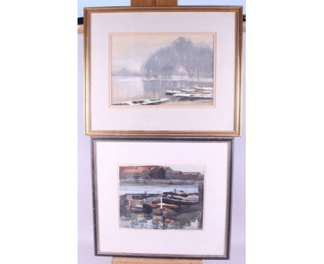 A watercolour, boat at dock, 9" x 13", in gilt frame, and another similar, 9" x 11", in black frame, a quantity of other wate