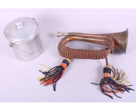 A copper bugle, an aluminium billy can and a bosun's copper and brass whistle