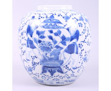 A Chinese blue and white ginger jar, decorated figures carrying a vase, with four character marks to base, 7 1/4" high (cover