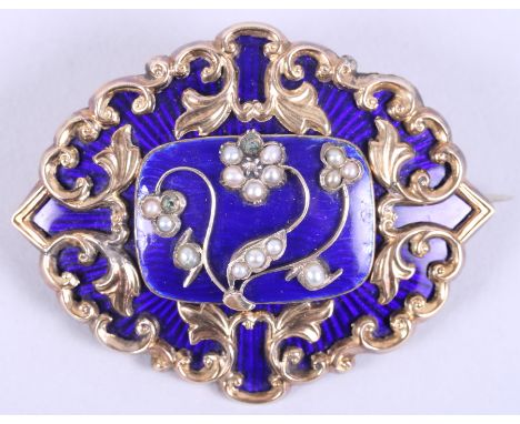 A Victorian yellow metal and blue enamel mourning brooch, set seed pearls and diamond accent, back enclosed scrolled hair and
