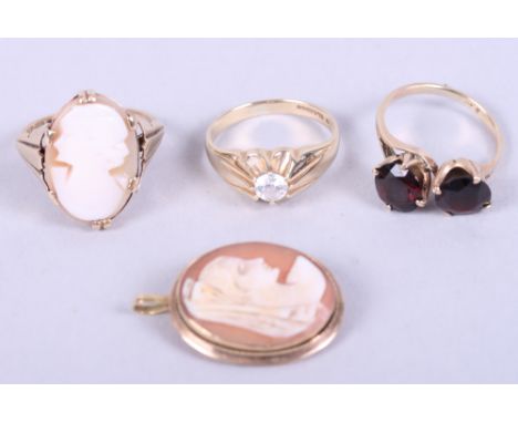 A 9ct gold and carved shell cameo dress ring, size N, a similar pendant with yellow metal mount, stamped 750, and a yellow me