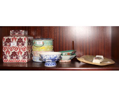 A carved mother-of-pearl plate, two matching bowls, a four-section dish stand, a square ginger jar and other itemsCondition:M