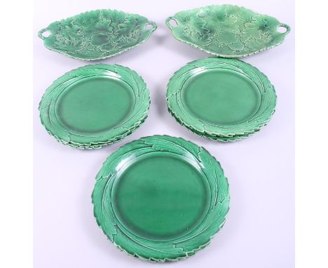 A set of eight 19th century Spode green glazed pottery leaf plates, 8 1/2" dia, and two similar two-handled platesCondition:T