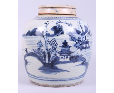 A Chinese provincial ginger jar and cover with landscape decoration, 8" high