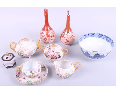 A Chinese blue and white bowl, a pair of Japanese sprinkler bottles, a Japanese teaset and a pot-pourri jar and cover