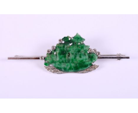 An Art Deco white metal, jade and diamond bar brooch, formed as a junk, 2 1/2" long