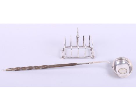 A silver toast rack and a silver toddy ladle, 3.7oz troy gross