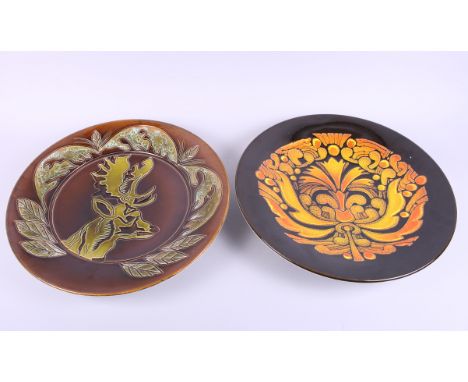 A Poole Pottery Ionian charger, by Jane Brewer, decorated stag, and another Poole Pottery Aegean charger, both 16" dia