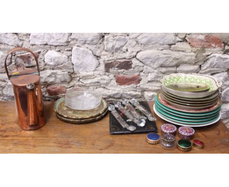 Four Royal Worcester dessert plates, a Spode dessert dish, various plates and pill boxes, a copper watering can, a folding bl