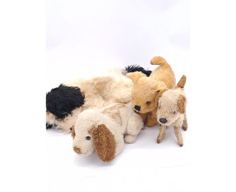 Vintage British mohair dogs x four: (1) black and white mohair spaniel dog nightdress case, amber and black glass eyes, black