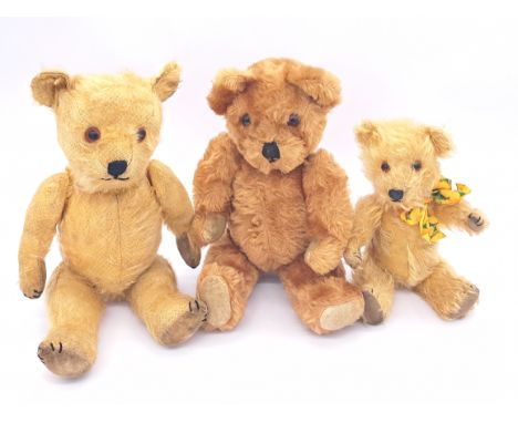 Chiltern and other vintage mohair British teddy bears x five, includes Chiltern Hug-me musical teddy bear, plays Brahms Lulla