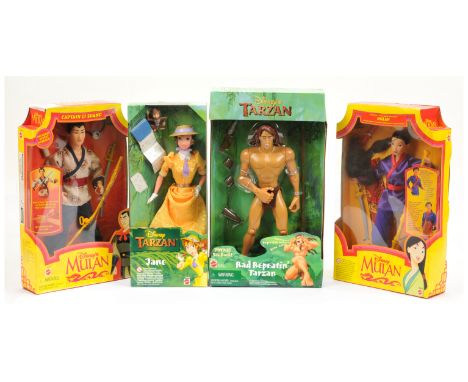 Mattel Disney Tarzan and Mulan dolls including: (1) Rad Repeatin' Tarzan, 22446; (2) Jane, 22345; (3) Mulan Secret Hero, 1889