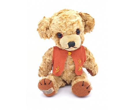 Merrythought vintage Cheeky Bear, late 1950s early 1960s, golden artificial silk plush, registered design label to sole of le