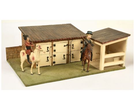 Wooden stable block and pair of celluloid horses: wooden stable block, comprising three stalls and a hay store, plus pair of 