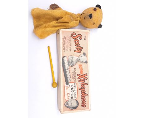 Chad Valley Sooty vintage puppet and Green Monk Sooty Super Xylophone: (1) Chad Valley Sooty hand puppet, golden and black mo