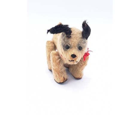 Schuco Tipp-Tapp Terrier (101), German, 1913, black and white mohair, black boot button eyes, black horizontally stitched nos