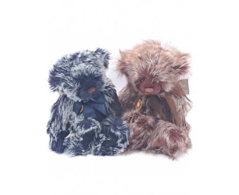 Charlie Bears pair designed by Isabelle Lee including: (1) Mulberry Teddy Bear, 2012, dark plum with grey and brown tip long 