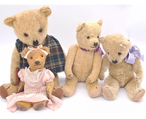 Chiltern and other vintage British teddy bears x four, includes Hug-me, etc, Fair to Good Plus; largest 19"/48cm and smallest