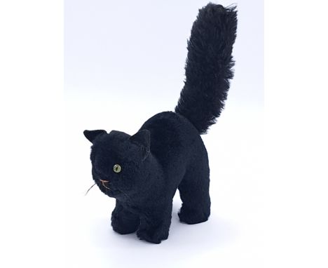 Chad Valley vintage mohair Lucky Black Cat, British, 1930s, no cloth label, blue celluloid Chad Valley button to nape of neck