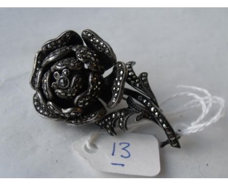 Vintage heavy silver & marcasite rose brooch  26g   