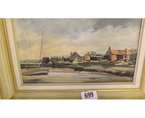 K. MUELLE – Buildings by beach – on board 6” x 9”   