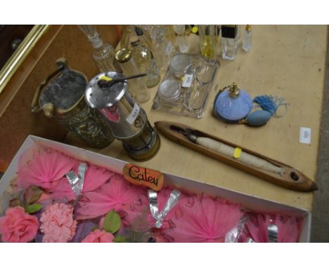 A miners lamp; together with a wooden knitting shuttle; and a brass swing handled pot  