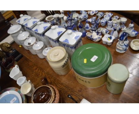 Five enamel storage jars; five blue and white china storage jars etc. 