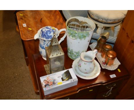 A brass and glass candle lantern; a Portmeirion Botanic blue jug; a miniature raised decorated wash jug and bowl etc. 