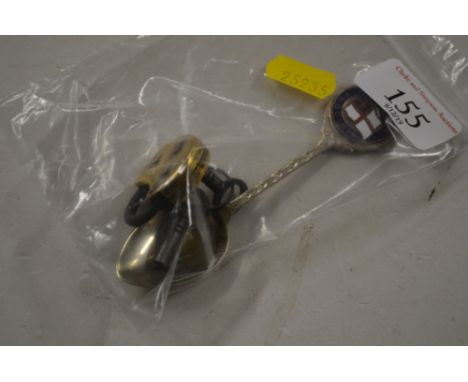 An antique brass padlock and two keys; and an enamel decorated spoon inscribed "Royal Tour S.S. Gothic"