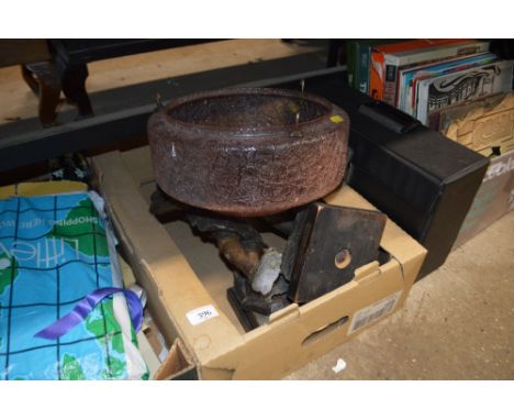 A retro glass light shade and two large spelter figures AF