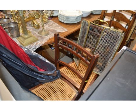 Two antique and stick back chairs; a ladder back chair; and a pair of cane seated bedroom chairs 