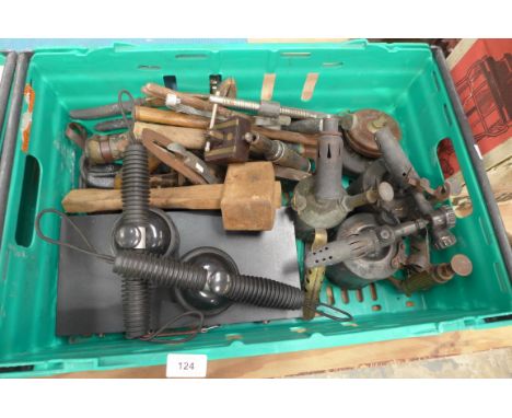 Three vintage brass blow torches And assorted woodworking tools, tape measures (q). 