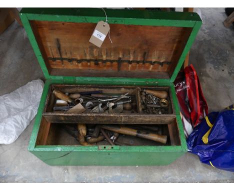 A collection of toolsTo a pine chest, to include various hammers and woodworking tools. 