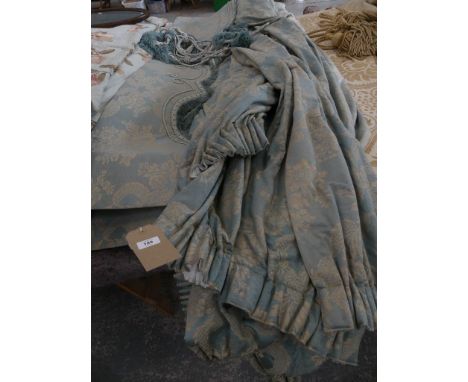 Three pairs of good quality inter lined teal foliate pattern curtains, complete with two pelmets and tie backs. 
