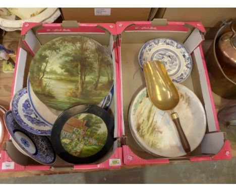A mixed collection of various plates Including Willow Pattern style examples, meat platters, etc. (qty) 