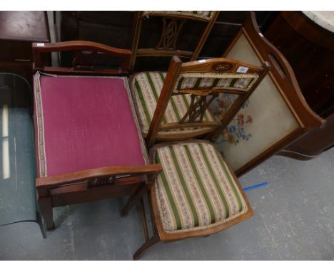 A Pair of inlaid Victorian bedroom chairs , a piano stool and a firescreen. (4) 