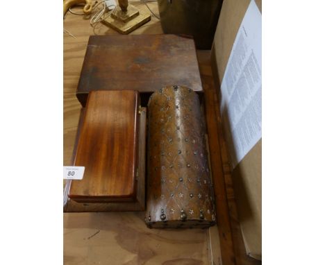 Four assorted wooden boxesTo include a domed and studded jewellery box, a pine sarcophagus shaped caddy, a mahogany instrumen