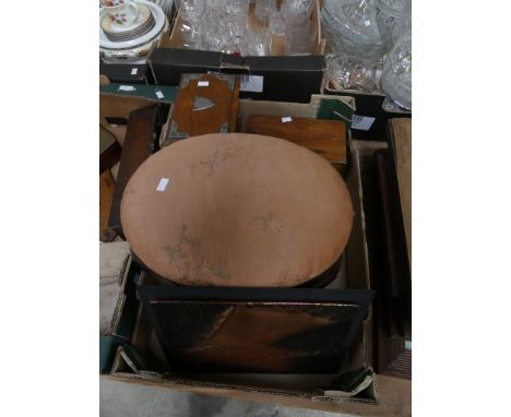 An early 20th Century oak and metal embellished fall front stationery boxA 19th Century rosewood tea caddy, small footstool a