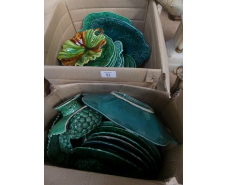 A quantity of green leaf majolica plates 